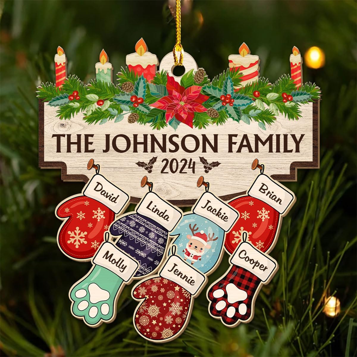 Family with Pet Ver 2 - Personalized Custom Wood Ornament, Family Gloves Christmas Ornament 2024, Xmas Ornament Gifts for Family Tree Decoration (A06, 6 Names)