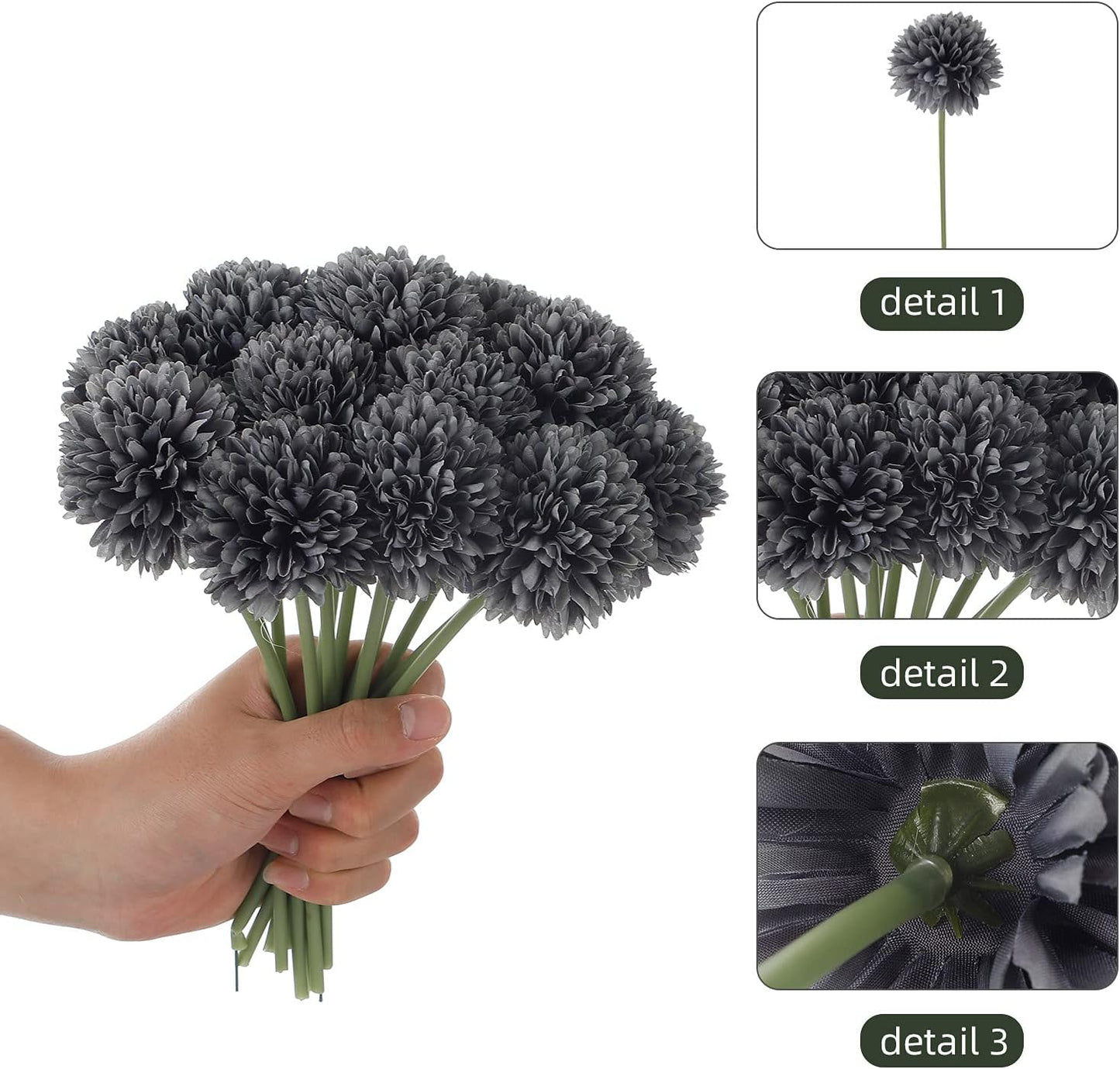 Kimura's Cabin 20Pcs Faux Mums Flowers Artificial Silk Chrysanthemums Fake Ball Flower for Halloween Fall Home Kitchen Table Decor Arrangement Decoration Bouquets (Grey Black)