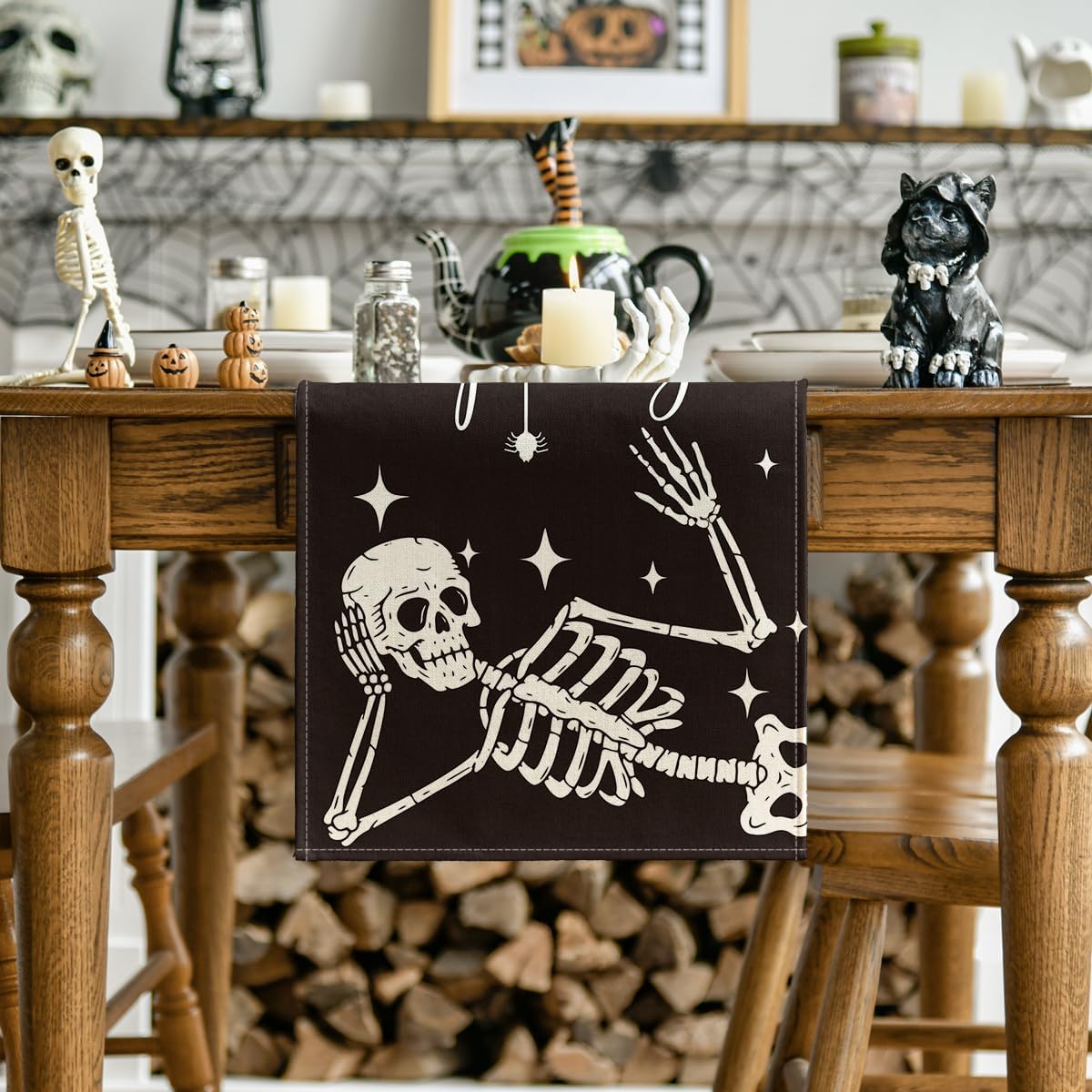 Artoid Mode Spooky Skeleton Spider Bone Halloween Table Runner, Holiday Kitchen Dining Table Decoration for Home Party Decor 13 x 90 Inch