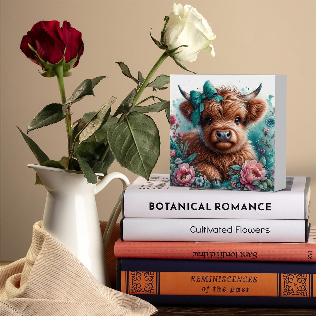 Highland Cow Decor, Highland Cow Gifts for women, Highland Cow Baby Decor, Cow With Pink Bow, Highland Cow Nursery Decor, Wooden Box Decor Sign for Home Farmhouse Office Living Room Table Shelf