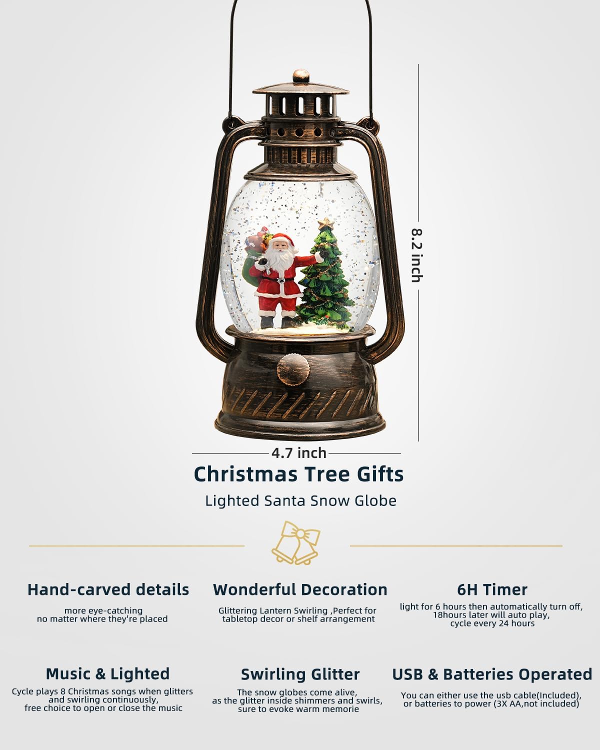 Christmas Decorations Indoor-Musical Snow Globe Christmas with 6H Timer,Santa Christmas Tree Lighted Scene Snow Globes Lantern USB or Battery Powered,Christmas Decorations Decor for Home