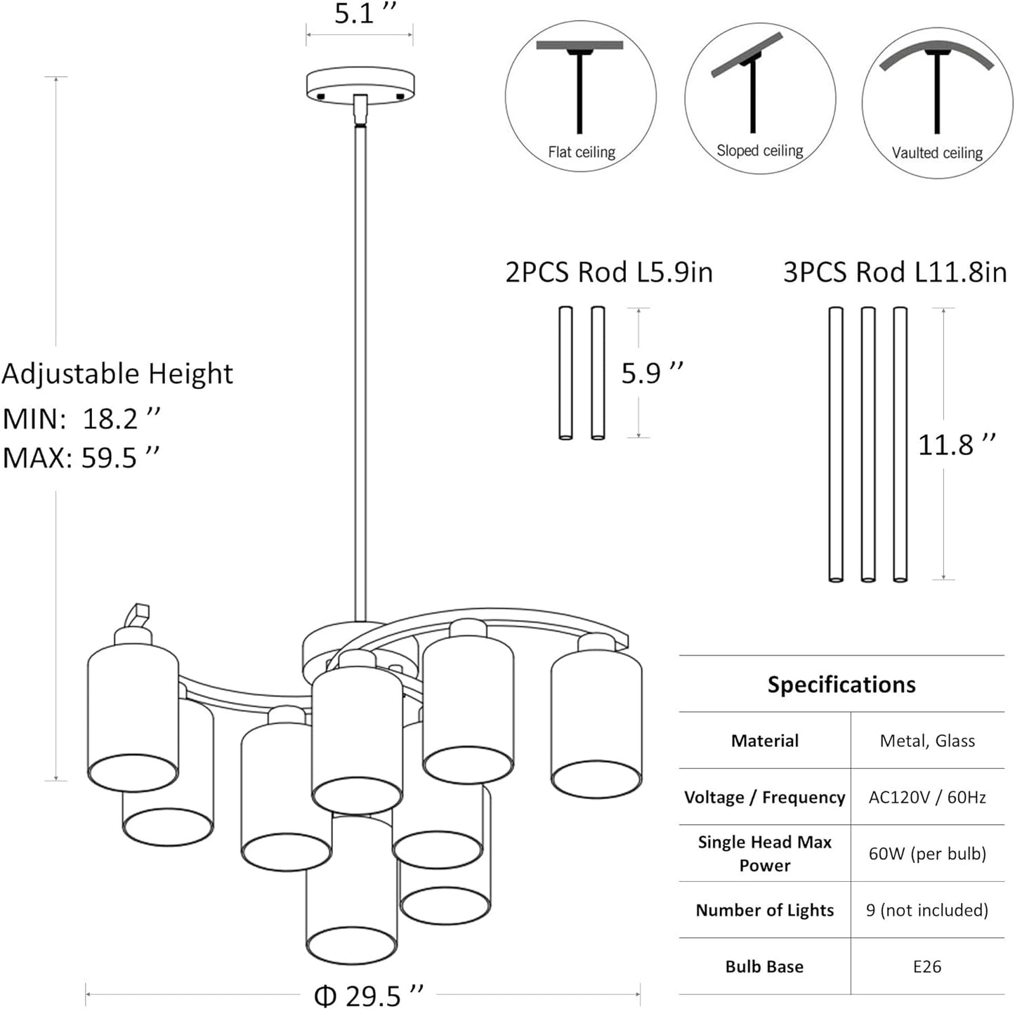 9-Light Antique White Chandelier with Clear Glass Shade, French Country Chandeliers for Dining Room, Adjustable Height Hanging Chandelier for Kitchen Island Living Room Foyer Bedroom