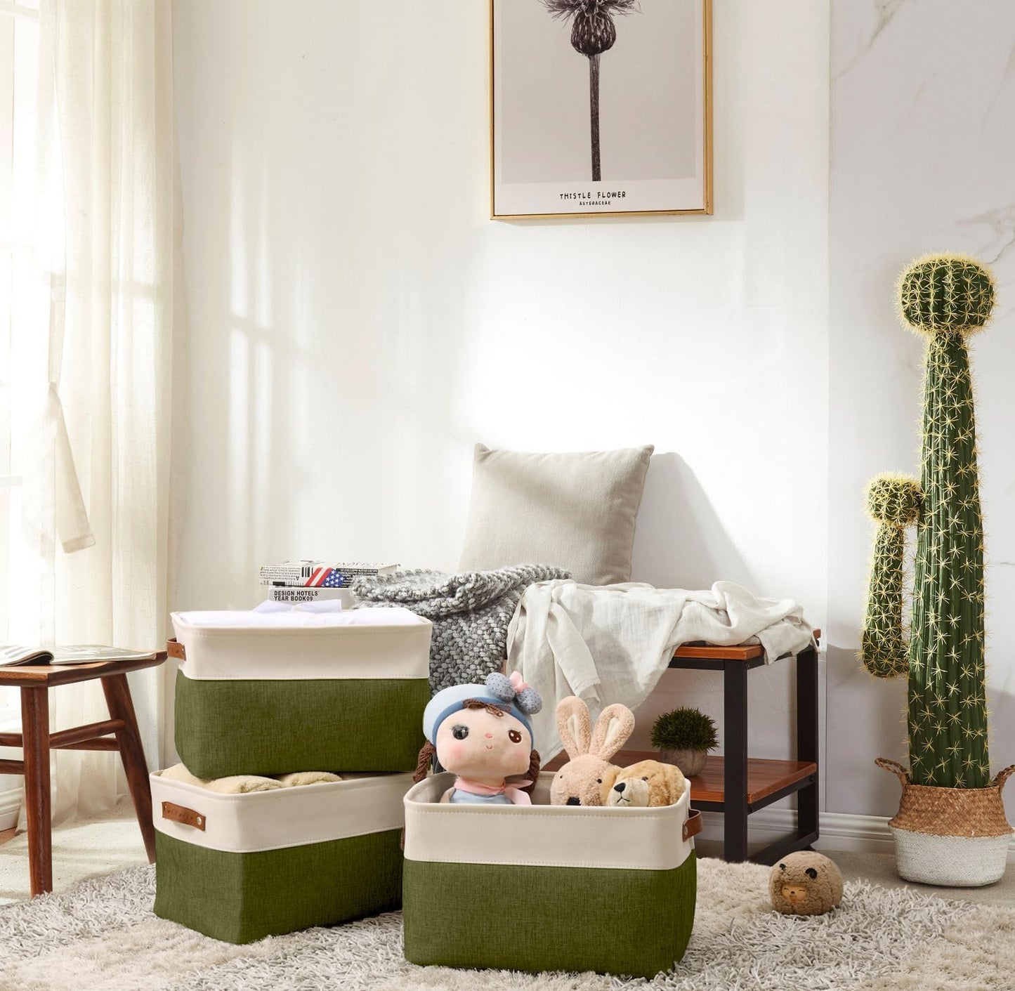 DECOMOMO Storage Bins Fabric Storage Baskets for Shelves, Linen Closet Organization Toys Nursery (Olive Green and White, Large - 3 Pack)