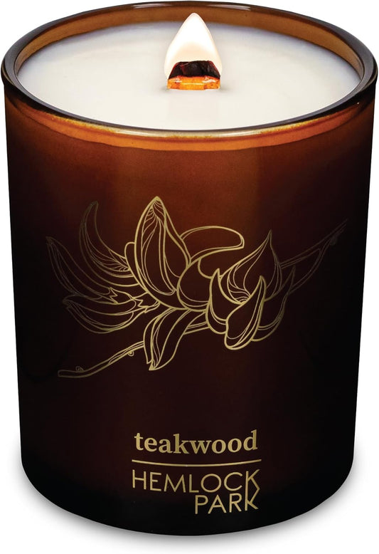 Hemlock Park Wood Wick Candle Handcrafted with Natural Coconut Wax and Essential Oils (Amber & Gold 7.2 oz, Teakwood)