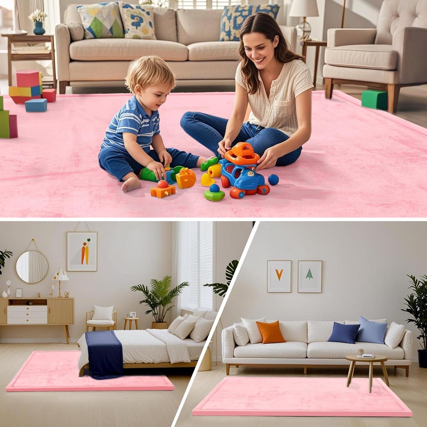 ACOMOPACK Baby Play Mat for Floor,1.3" Thick Memory Foam Area Rug for Living Room,Soft Velvet Crawling with Non-Slip Bottom for Kid,Toddler,59"×71" Tummy Time Nursery Rugs,Yoga（Pink）