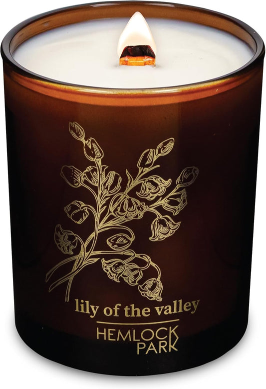 Hemlock Park Wood Wick Candle Handcrafted with Natural Coconut Wax and Essential Oils (Amber & Gold 7.2 oz, Lily of The Valley)