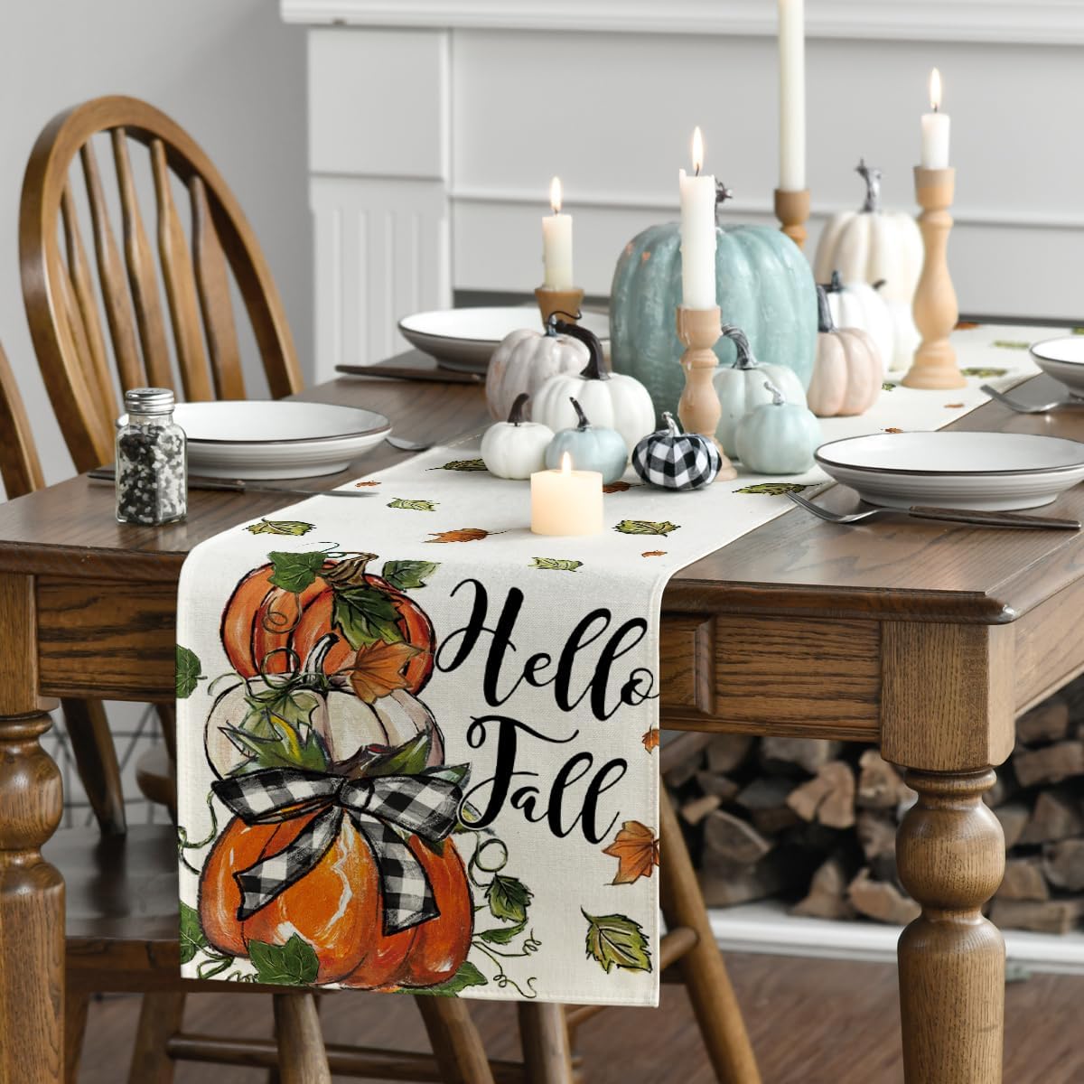 Artoid Mode Pumpkins Bowknot Maple Leaf 210 GSM Fall Table Runner, Seasonal Autumn Kitchen Dining Table Decoration for Home Party Decor 13x120 Inch