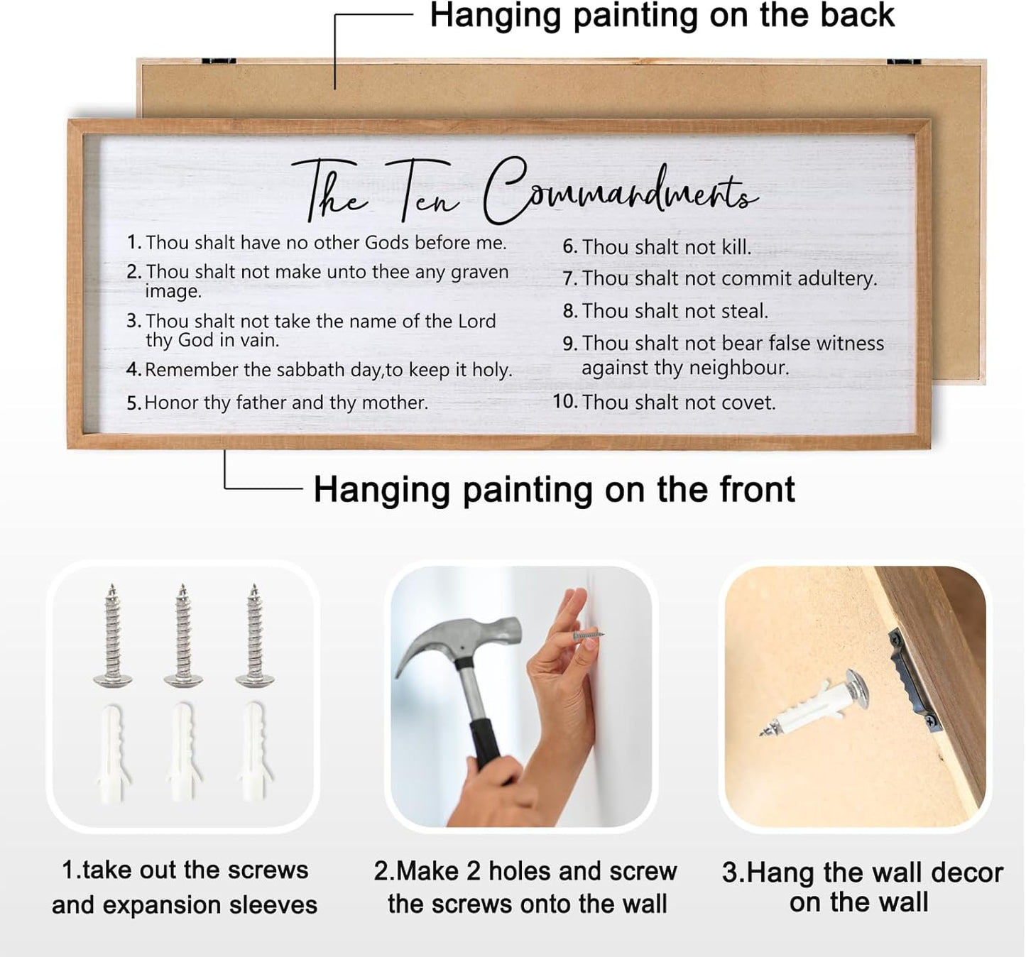 The Ten Commandments Rustic Bible Verse Framed Wall Art, 40''×15'' Positive Religious Christian Saying Sign for God Jesus Christ Prayer, Vintage Horizontal Holy Inspirational Catholic Scripture Decor