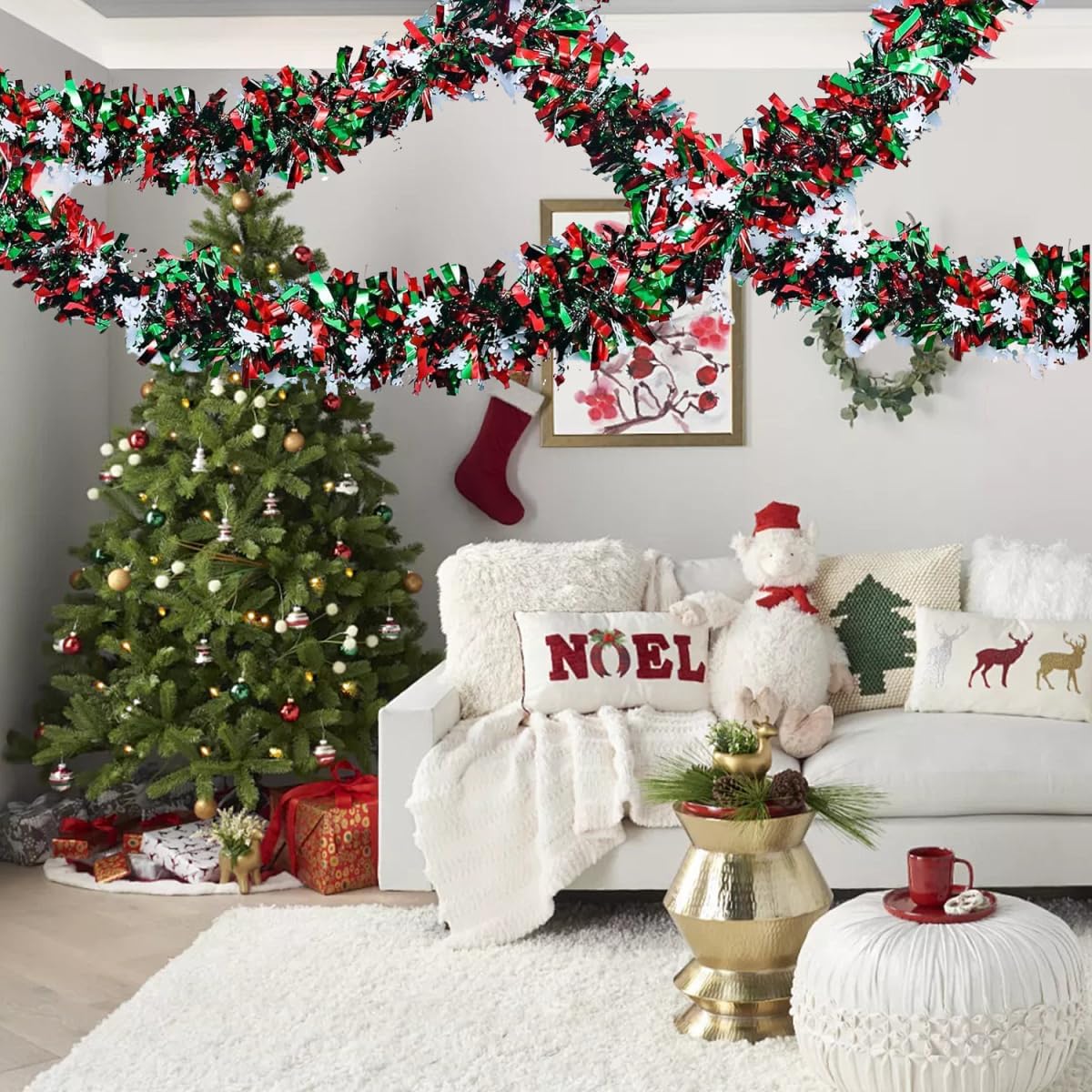 50 Feet Green Red Christmas Metallic Tinsel Twist Hanging Garland with Snowflake for Home Mantle Xmas Tree Staircase Railing New Year Holiday Party Indoor Outdoor Decorations（2 Pcs）