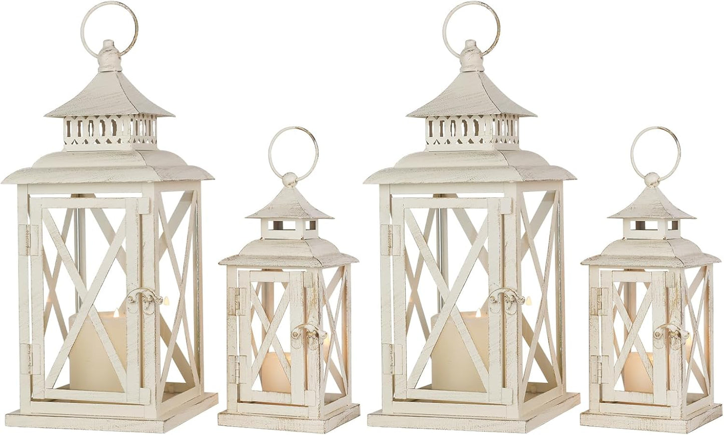 NEEDOMO Lanterns Decorative Outdoor&Indoor, Set of 4 (14"&10") Beige Metal Lantern Decor with Glass, Candle Holder for Porch, Patio, Garden, Balcony, Wedding, Table Centerpiece