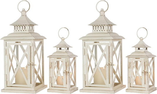 NEEDOMO Lanterns Decorative Outdoor&Indoor, Set of 4 (14"&10") Beige Metal Lantern Decor with Glass, Candle Holder for Porch, Patio, Garden, Balcony, Wedding, Table Centerpiece