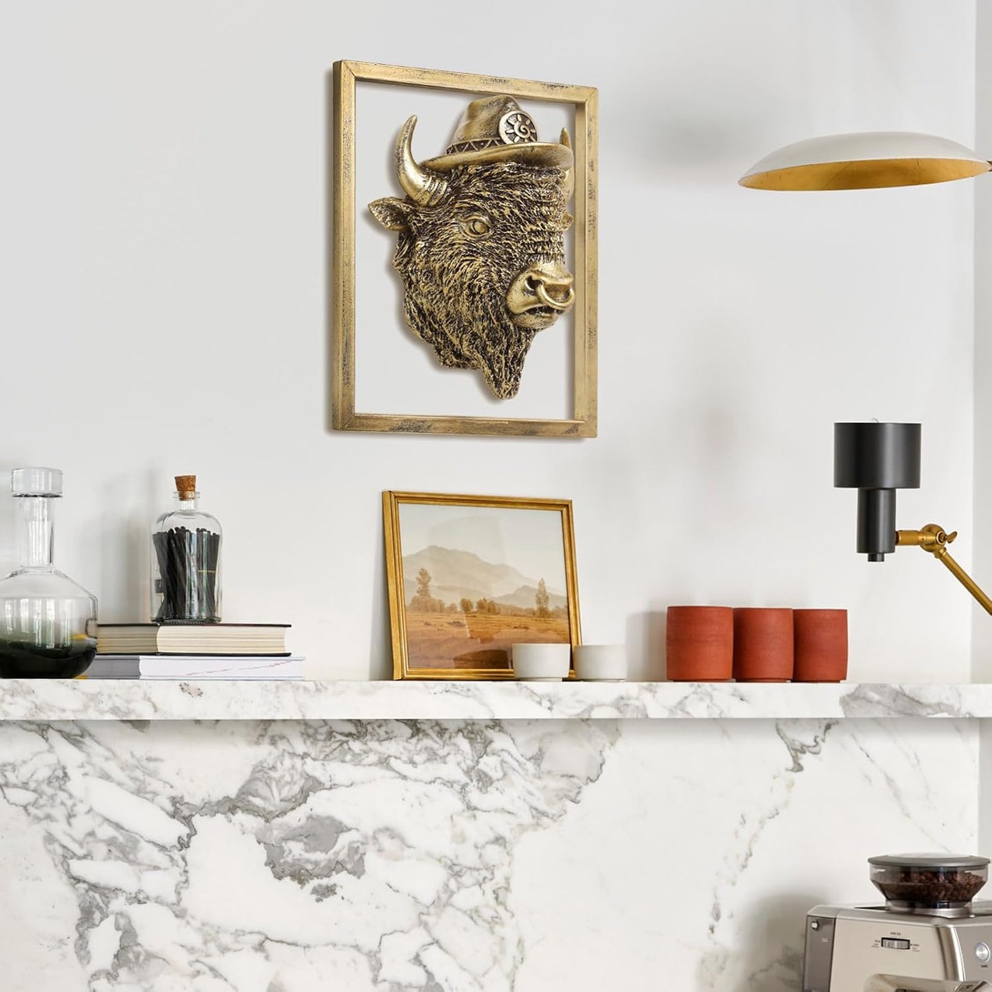 Animal Heads Wall Decor (Includes Metal Frame) Resin Animals Sculptures Head Wall Hanging Decoration Gold vintage Wall Sculpture for Living Room Bedroom Office (American Bison)