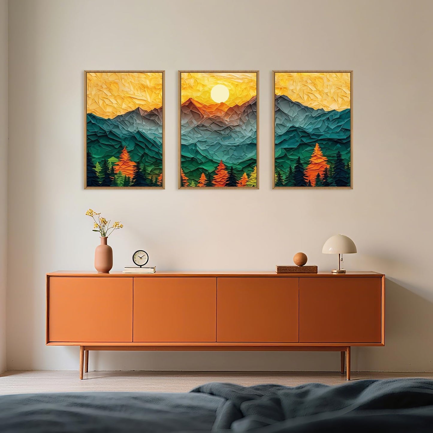 Abstract Mountain Framed Canvas Wall Art Set, Forest Pine Tree Golden Sunset Wall Decor, Mixed Patchwork Landscape Art Print for Living Room, Bedroom, Dining Room, Office - 16"x24"x3