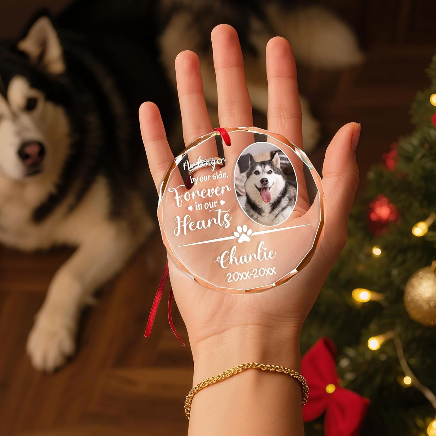 Personalized Memorial Pet Glass Ornament - Custom Picture Christmas Ornaments, Dog Forever in Our Hearts Hanging Ornament Xmas Tree Decor for Dog Lovers
