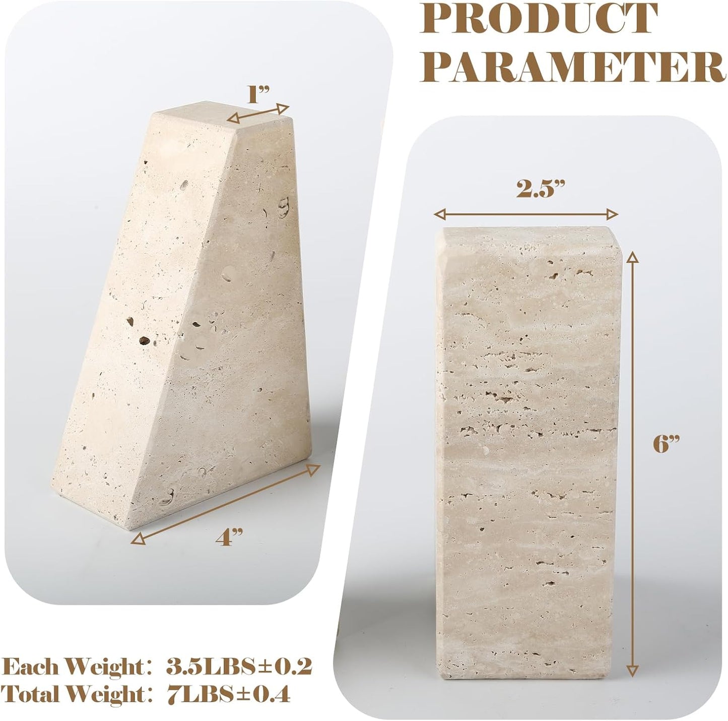 Travertine Bookends for Heavy Books, Marble Decorative Bookends for Shelves, Heavy-Duty Stone Book Ends for Hardback Book & Cookbooks, Unique Book Stopper & Holder, Travertino Italy