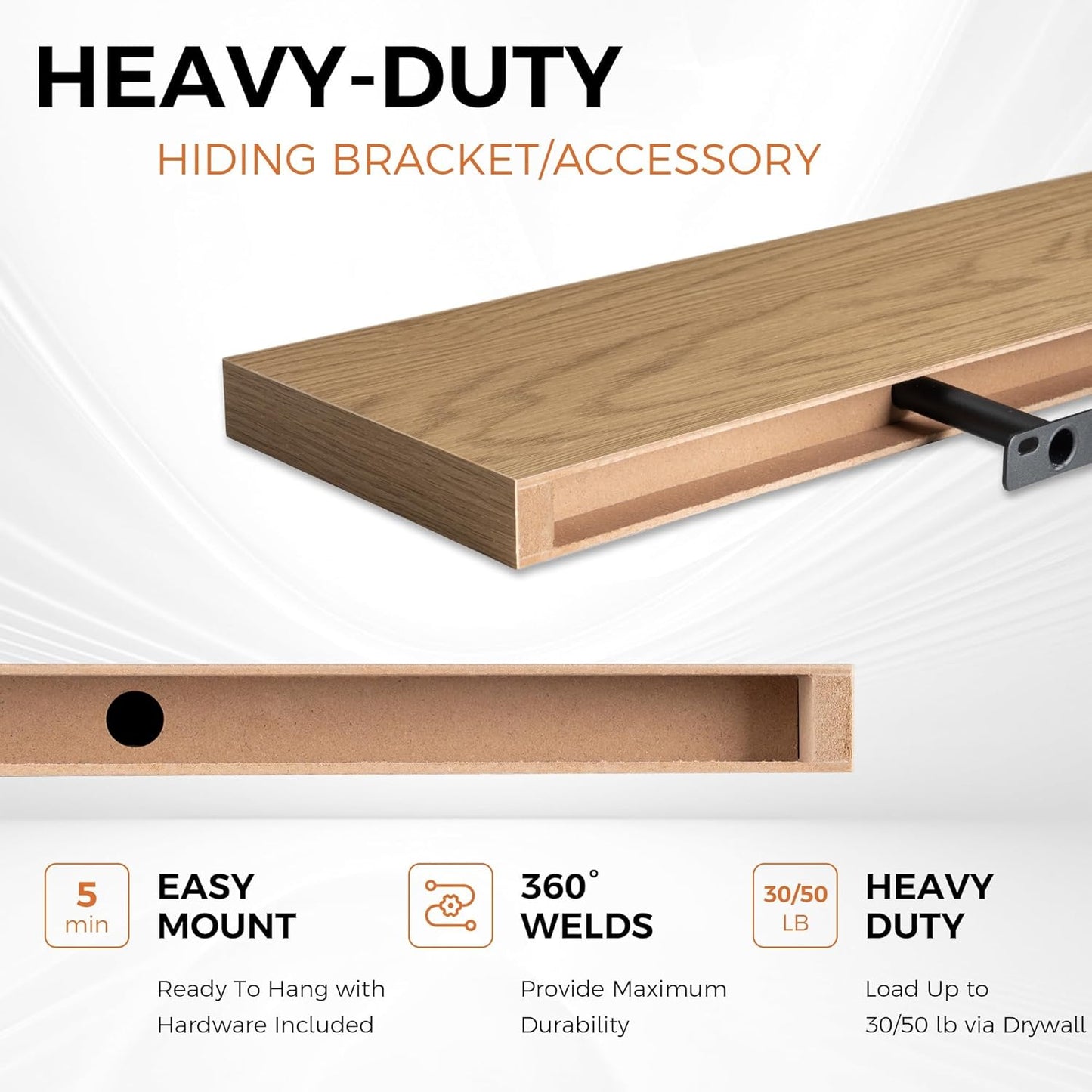 Fun Memories Floating Shelves for Wall, 22.5" Rustic Wood Deep Wall Mounted Shelves with Invisible Brackets for Decor & Storage, Floating Shelf for Living Room, Bathroom (Oak, Set of 2)