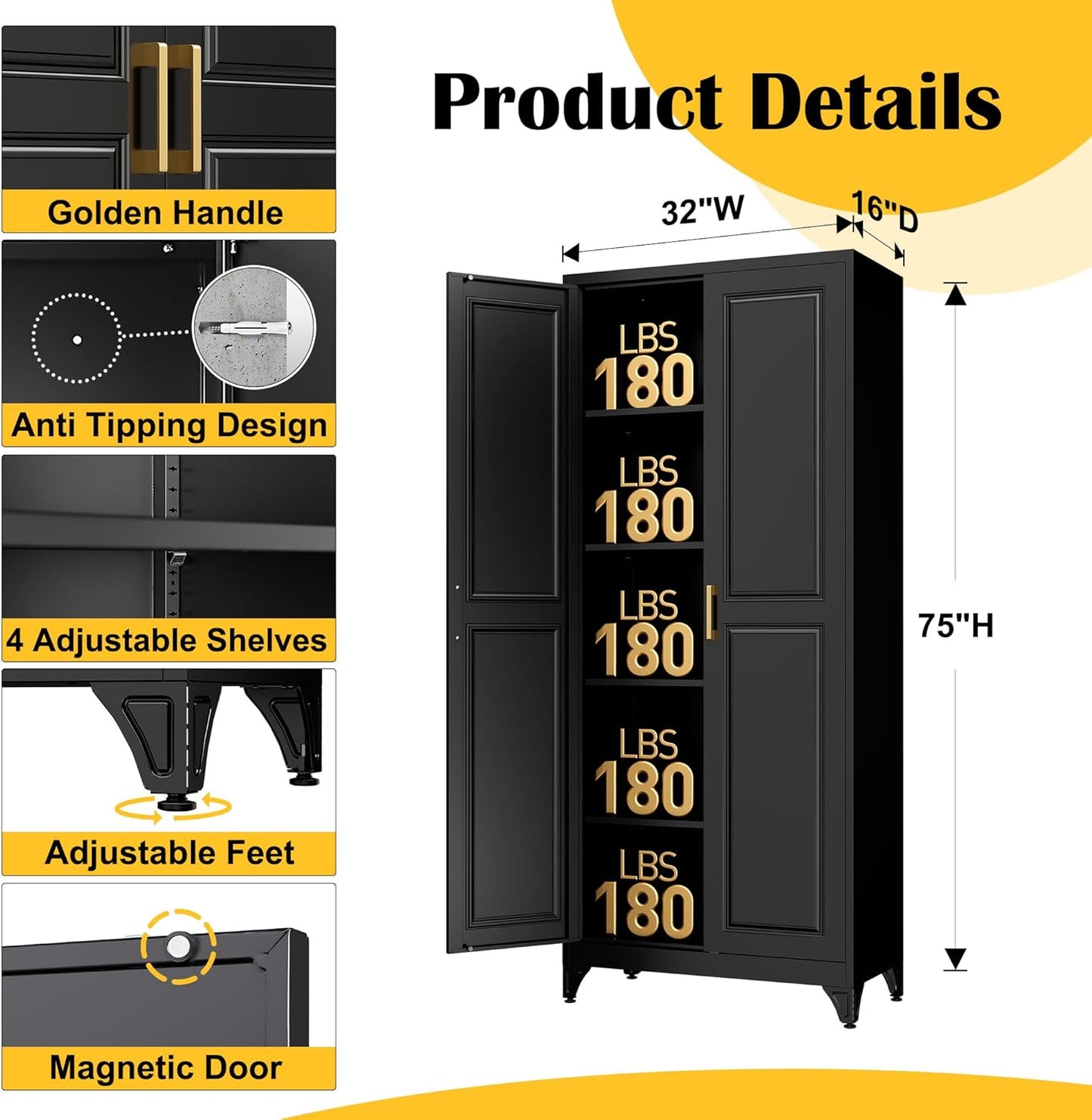 Kitchen Pantry Cabinet,75”Black Metal Storage Cabinets with Doors and 4 Adjustable Shelves,Kitchen Cabinet with 2 Gold Handles,Tall Cabinet for Livingroom, Bathroom