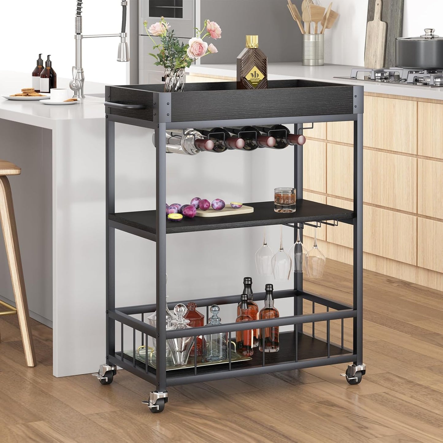 Bar Cart Serving Wine 3 Tier Home Rolling Rack with Wheels Mobile Kitchen Industrial Vintage Style Wood Metal Serving Trolley Serving Cart, Drink Cart for Living Room Kitchen