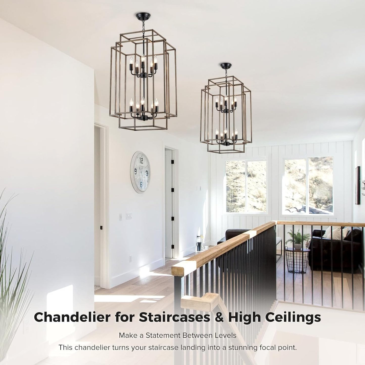 30" Black Farmhouse Chandelier, 10-Light Foyer Lighting Fixtures, Lantern Tiered Pendant Light Fixtures, Metal Wood Grain Finish Rustic High Ceiling Chandelier for Dining Room Entryway Staircase