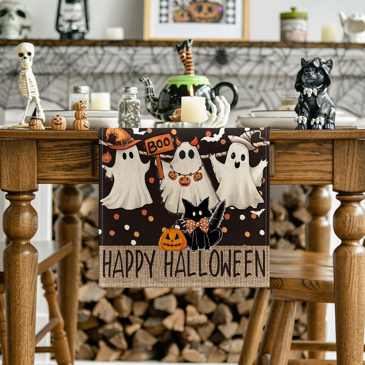 Artoid Mode Ghost Jack-O'-Lantern Black Cat Halloween Table Runner,Holiday Kitchen Dining Table Decoration for Home Party Decor 13 x 108 Inch