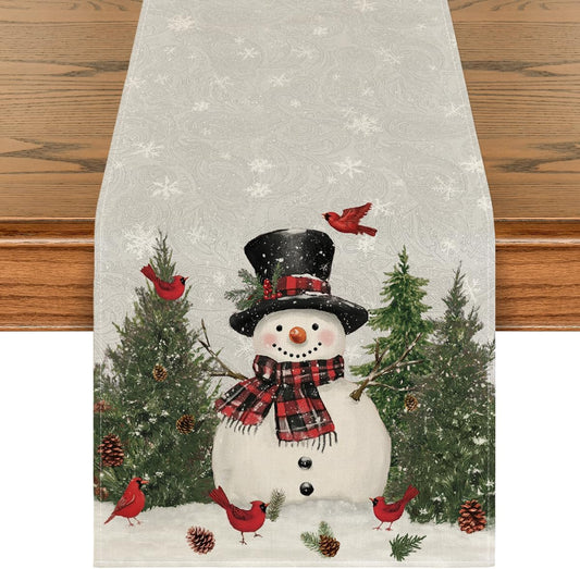 Artoid Mode Snowman Birds Trees Christmas Table Runner, Seasonal Silver Winter Holiday Kitchen Dining Table Decoration for Home Party Decor 13 x 36 Inch