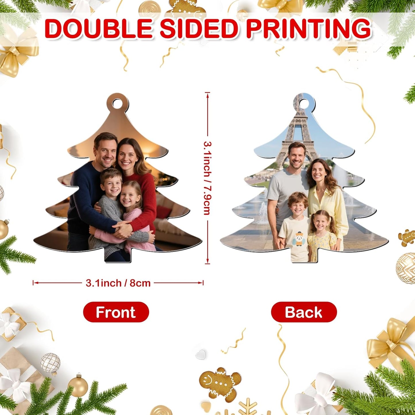 Personalized Photo Christmas Ornaments Double-Sided Metal Custom Picture Christmas Ornament 2024, Customized Xmas Tree Decorations Memorial Gifts for Kids Couples Family Friends Pet