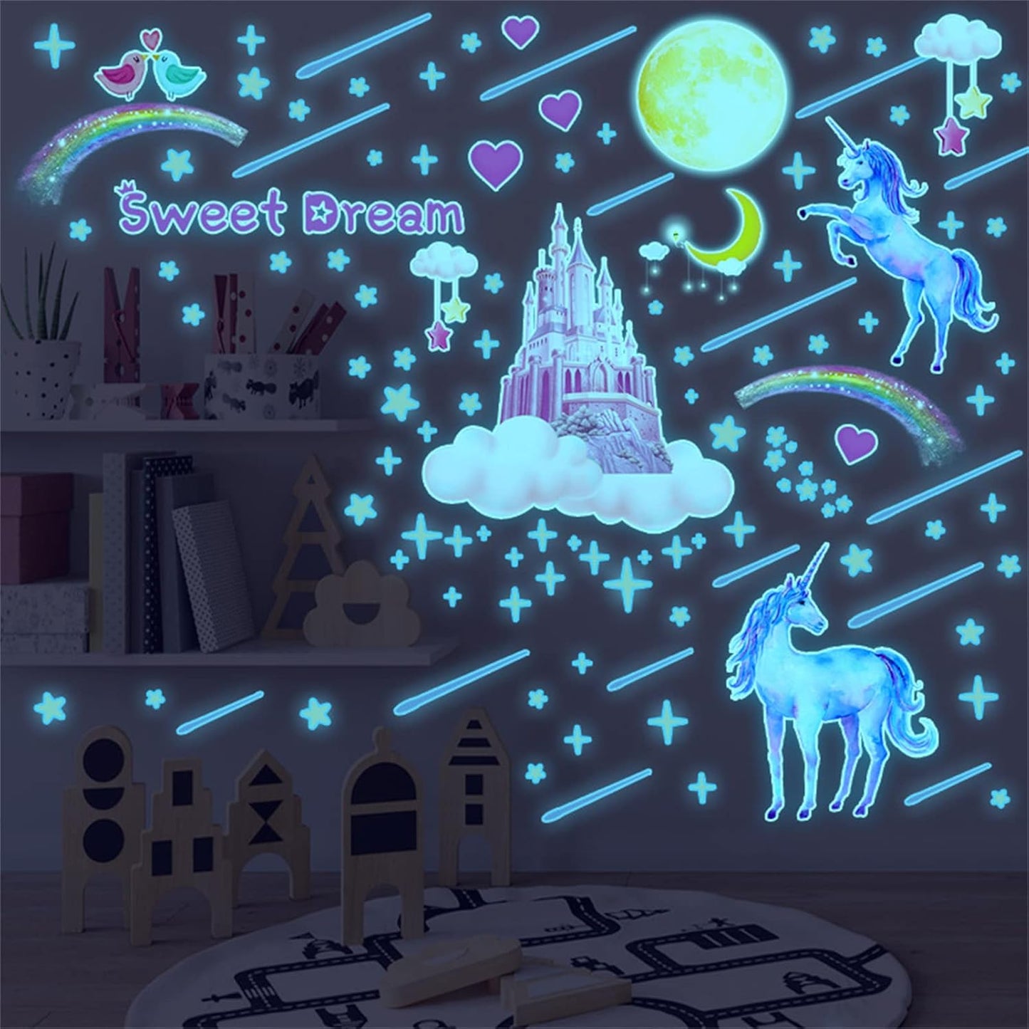 Glow in The Dark Unicorn Castle Wall Decals,Peel and Stick Colorful Unicorn Wall Stickers with Moon Stars Sweet Dream Wall Art for Girls Kids Bedroom Nursery Party Home Decor(Blu-ray)