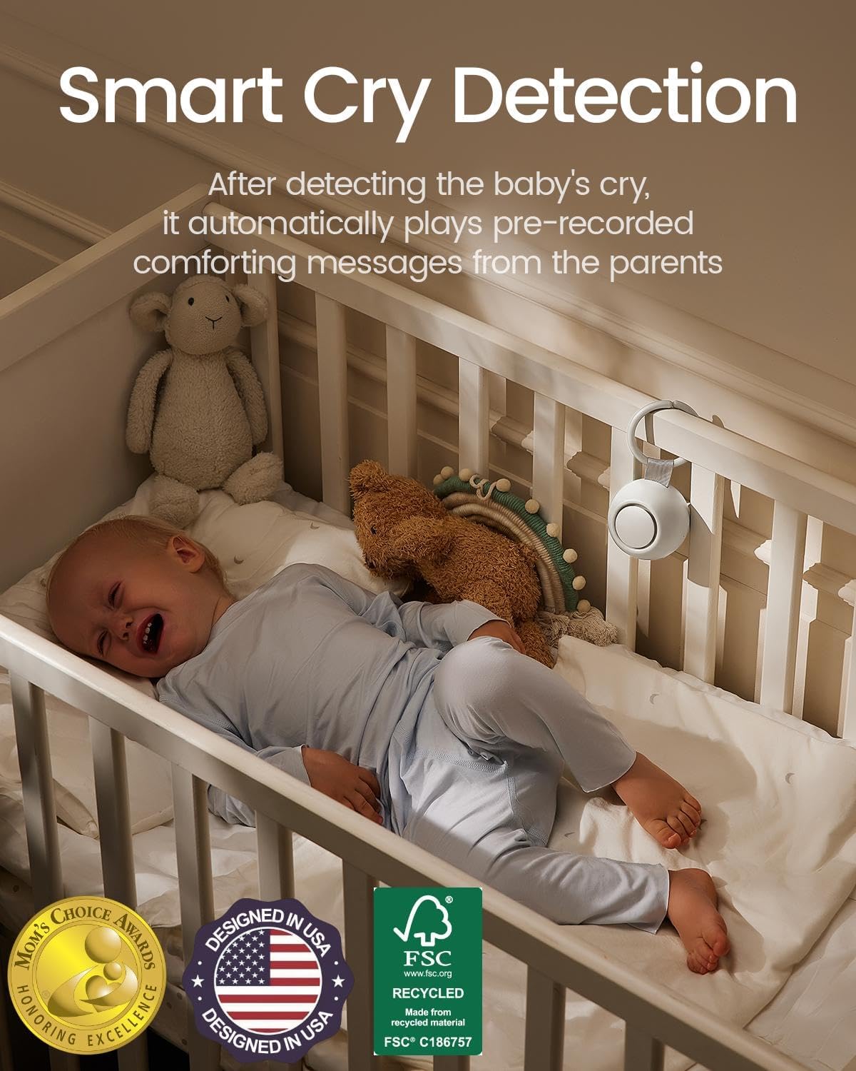 2025 Mom's Choice Awards, Portable Sound Machine for Baby Adult, AI Cry Detection, 18 Soothing Sound, Bluetooth Rechargeable White Noise Machine for Home Office Travel, Nursery Light, Gray