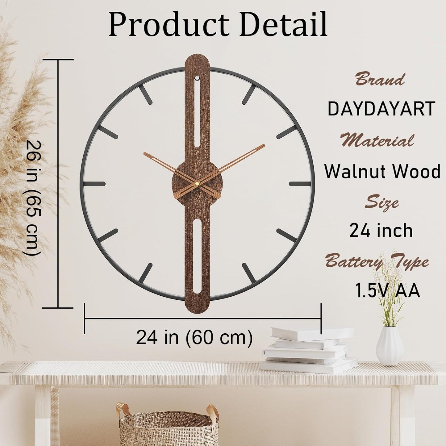 Modern Walnut Dial Wall Clock, Wood Large Wall Clock Decor Metal Frame Silent Non Ticking for Living Room, Bedroom, Kitchen, Study Decoration, Handmade Home Present Idea, 24 in （60 cm）