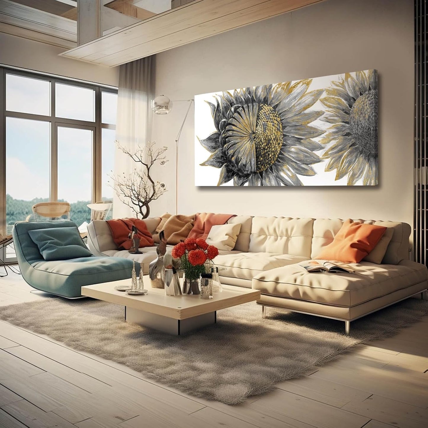 Framed Wall Art for Living Room Sunflowers Wall Decor Large Wall Decorations Black Artwork Flowers Prints Pictures for Home Office 29"x58"