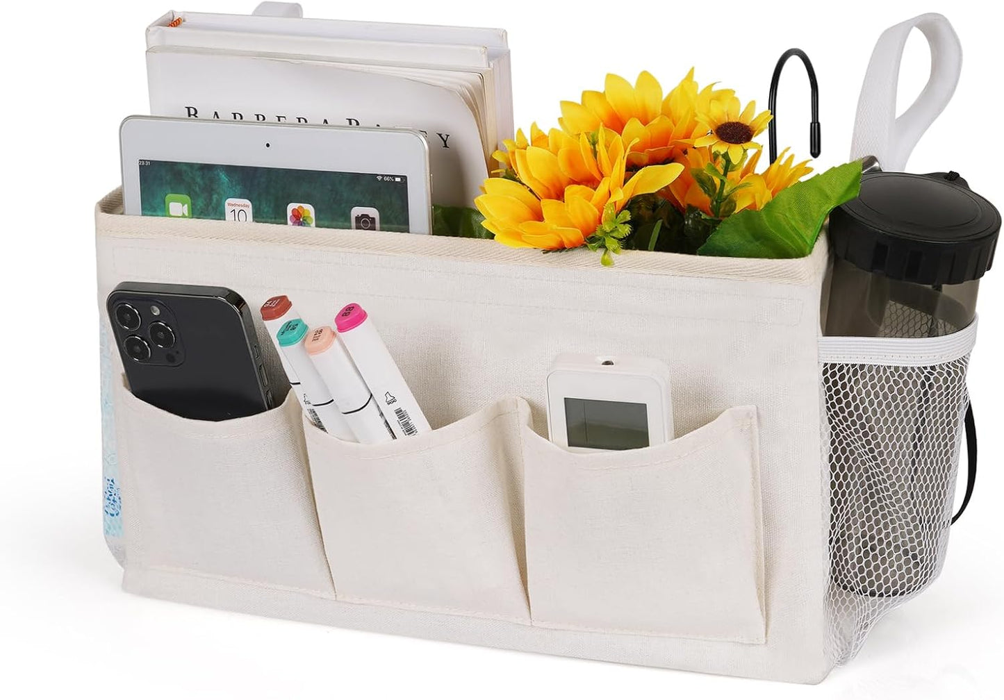 Bedside Storage Caddy/Bedside Hanging Storage Bag for Headboards Bunk Beds Dorm Rooms Book Phone Magazine Holder (New White)