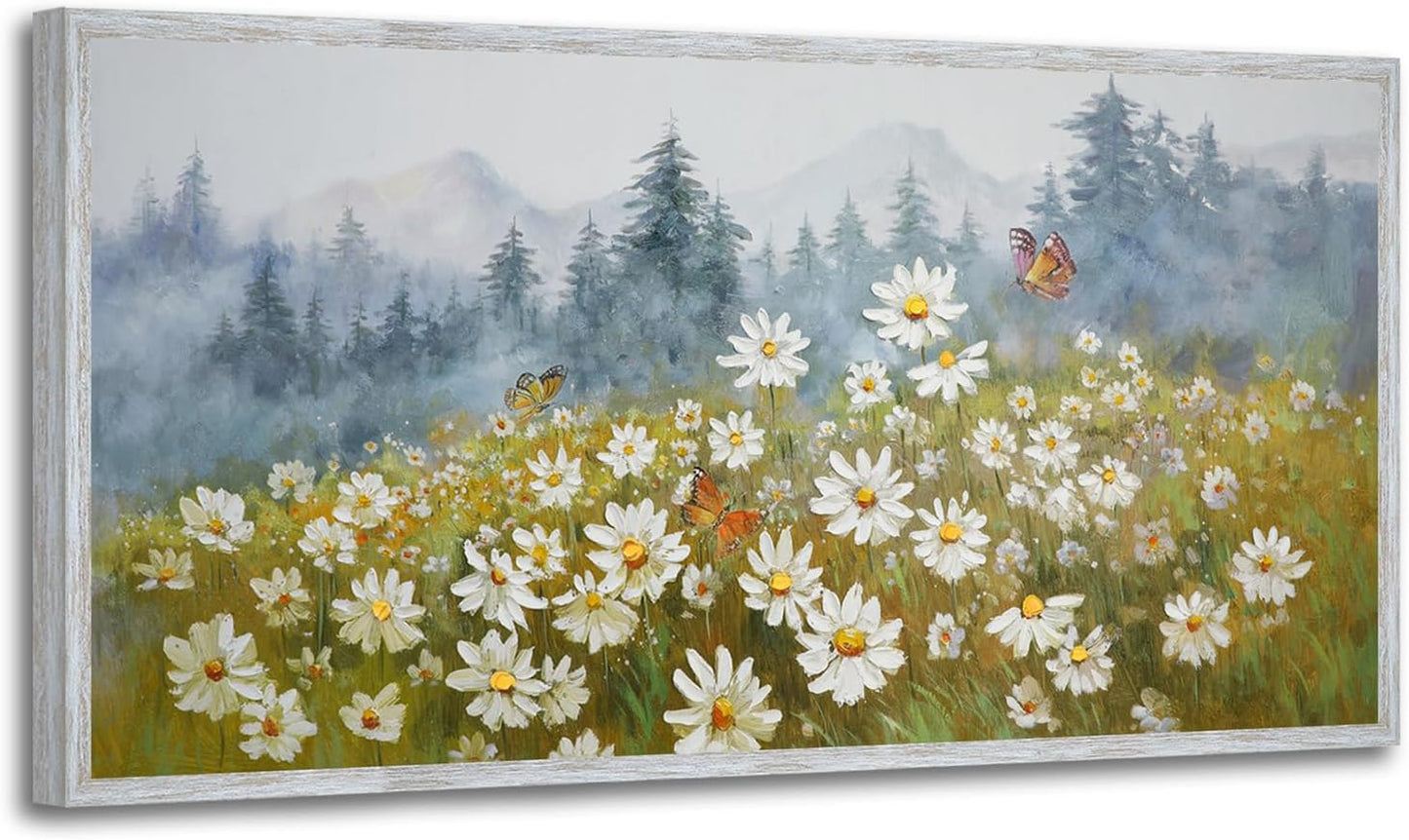 Arjun Flower Wall Art Canvas Landscape Daisy Painting Mountain Picture White Daisy Textured Floral Artwork for Living Room Bedroom Bathroom Office Home Wall Decor, Large Wood Grain Framed 40"x20"