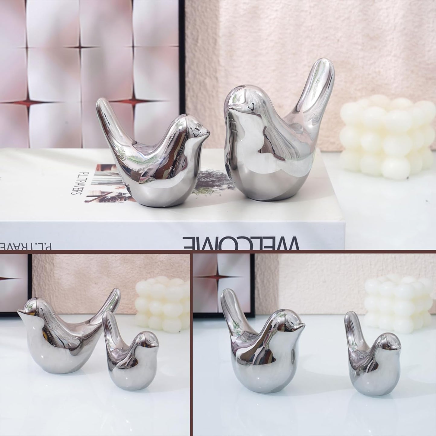 Notakia Small Birds Statues Home Decor Modern Style Decorative Ornaments for Living Room, Bedroom, Office Desktop, Cabinets (2Pcs Silver Birds)