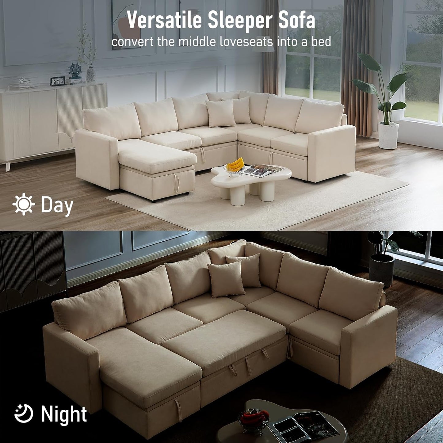7 - Seater Sofa Bed, Large U - Shaped Modular Sectional Sofa, Oversized Pull - Out Sleeper with Storage for Living Room, Beige