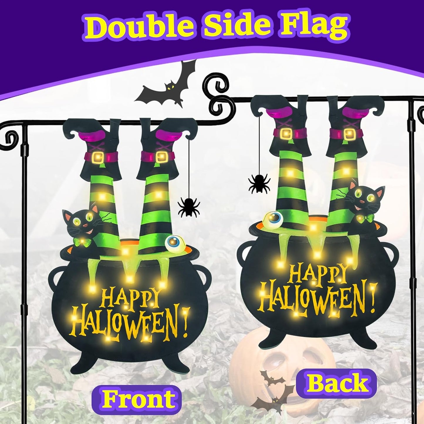 Halloween Lighted Garden Flag for Outside, Witch Feet Shape Flag Yard Decor, 8 Modes 12x18 Double Sided Cauldron Eyeball Black Cat Outdoor Hlloween Decorations for Home Porch（Warm White-12x18）