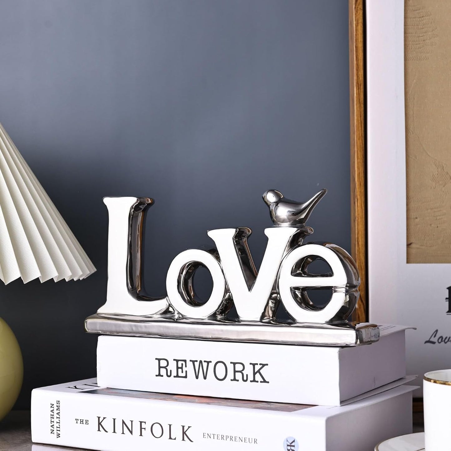 Love Sign Decoration,White and Silver Love Signs for Home Decor Statue,Bird Sculpture Personalized Love Decor,Chrome Style Figurine Decorative Ornaments for Living Room,Bedroom (2 Pcs, White+Silver)