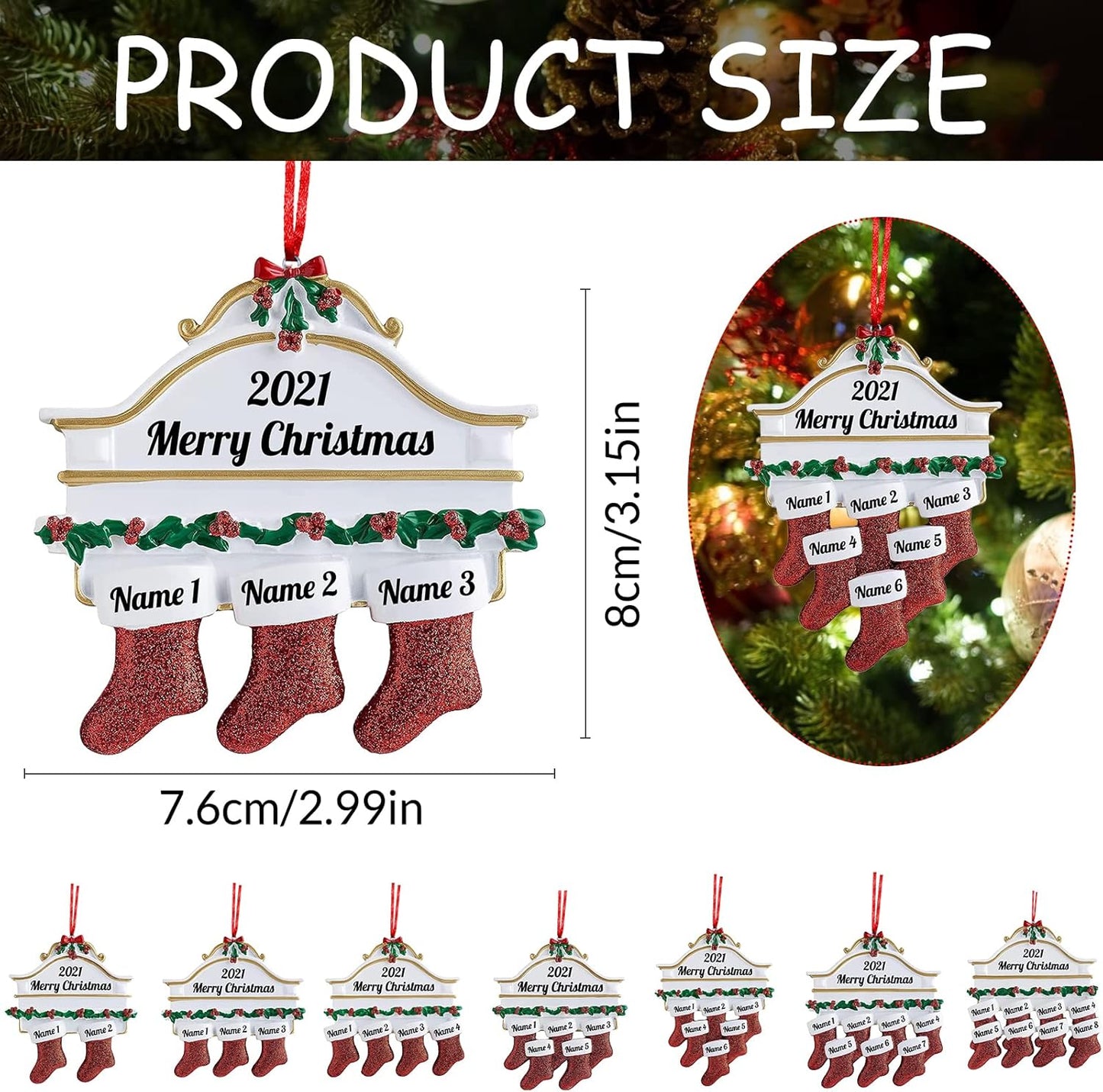 Personalized Christmas Ornaments Family of 2,3,4,5,6,7,8 Custom Christmas Stocking Ornaments with Names, Customized Xmas Day Home Christmas Tree Decora- Family of 3