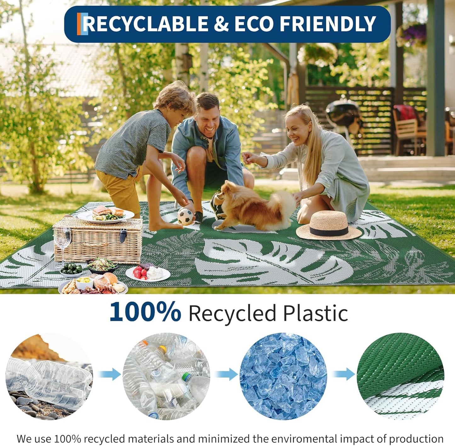 GAOMON Waterproof Plastic Straw Rug 9x12 Outdoor Patio Rug, Reversible Modern Camping Mat with Bag & Stakes, UV Resistant & Easy to Clean Outdoor Carpet for RV, Deck, Balcony, Green