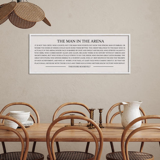 LuZhiQiang The Man in the Arena Wall Decor 40''x15'' Inspirational Quotes Office Wood Framed Sign Rustic Home Motivational Art For Man Entrepreneur Morden Living Room Wall Hanging Decor (White)