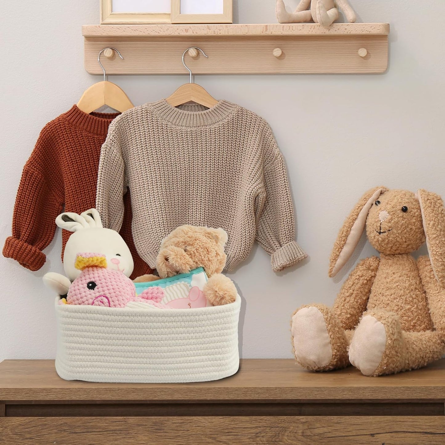 Small Woven Storage Baskets 12“X8”X5“ Decorative Rope Bins for Organizing Shelves, Closets, and Toys, Empty Gift Baskets, Cute Organizer Basket for Home and Office (white, regular)