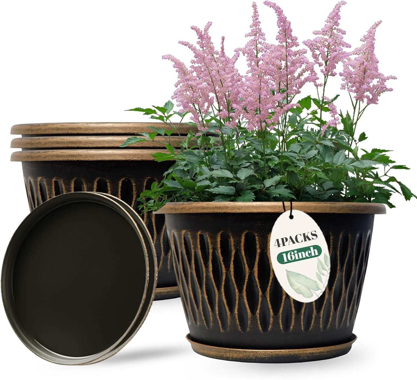 4 Pack 16 Inch Retro Plant Pots, Vintage Striped Flower Pots with Drainage Hole & Saucer, Large Plastic Planters for Indoor and Outdoor Plants, Decorative Garden Pots(Gold)