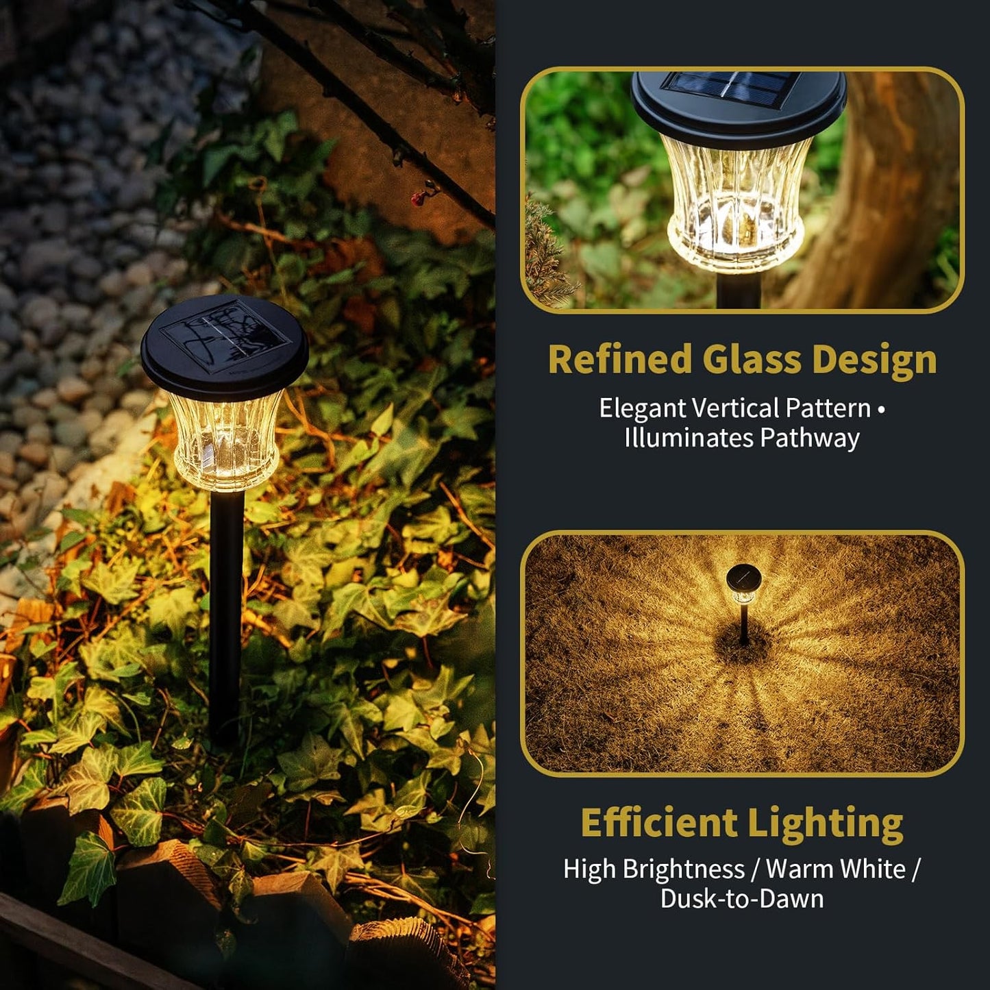 Glass Solar Pathway Lights Outdoor Waterproof, Decor Landscape Lighting with Modular Design, 3000K LED, Auto On/Off Solar Stake Light for Yard Garden Driveway Walkway Lawn, Warm White (3 Pack)