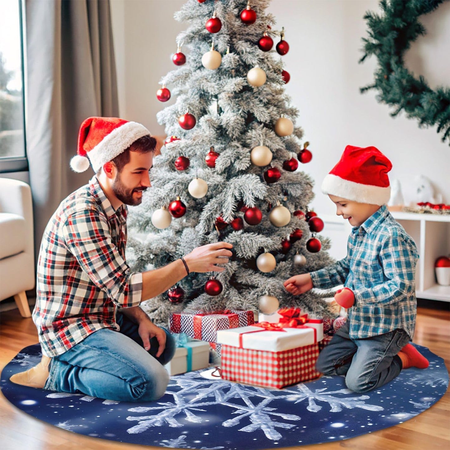 48" Blue Snowflakes Christmas Tree Skirt Large Tree Mat Base Cover for Xmas Festive Holiday Party Decoration Ornaments