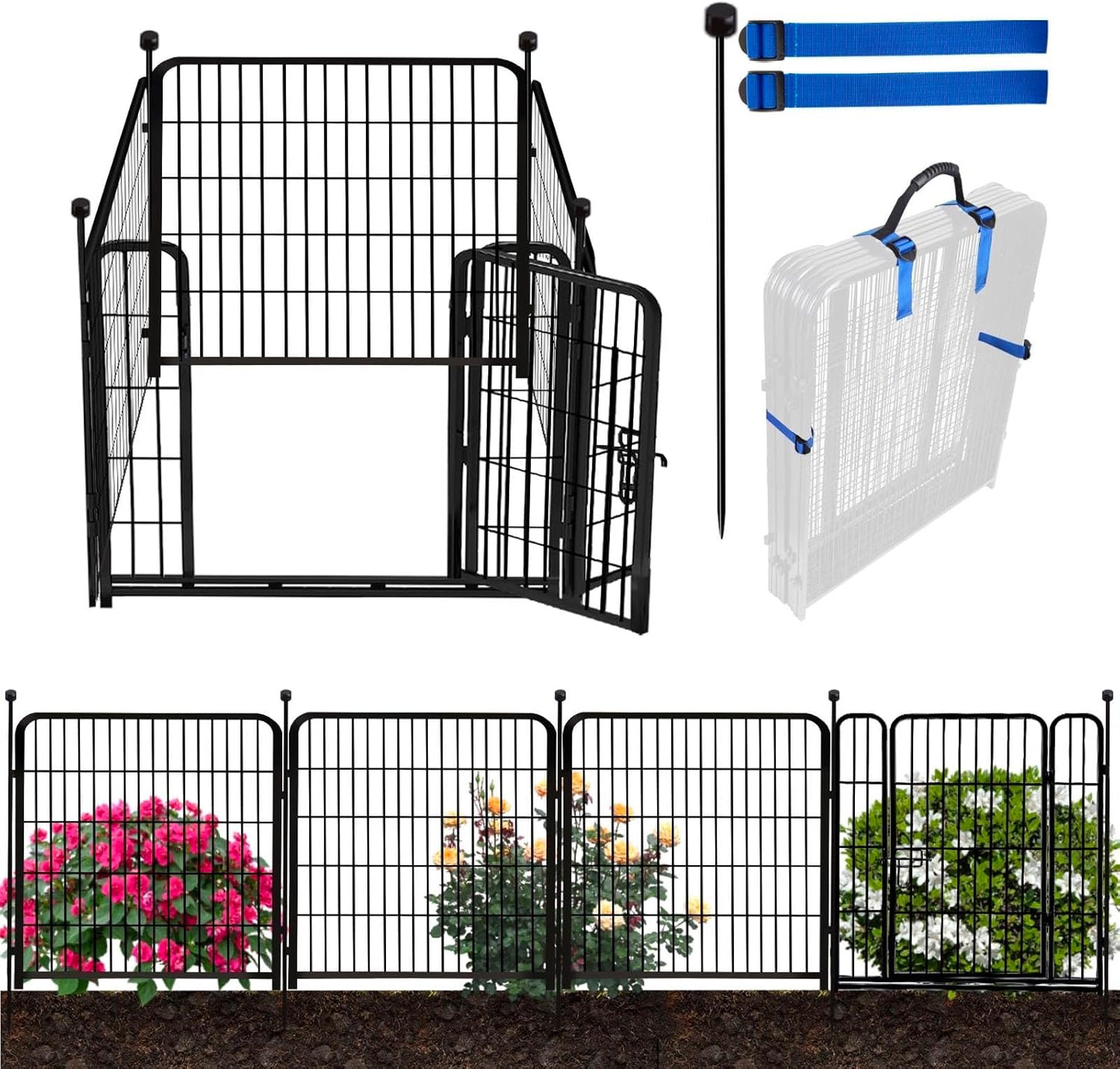 ADAVIN Dog Playpen 36 inch, Low Threshold Door 4 Panels Total 8.9 Ft(L) Tall Garden Fence, Dog Fence Outdoor for Yard, Black Metal Dog Pen Indoor, Dog Exercise Fence for RV Camping