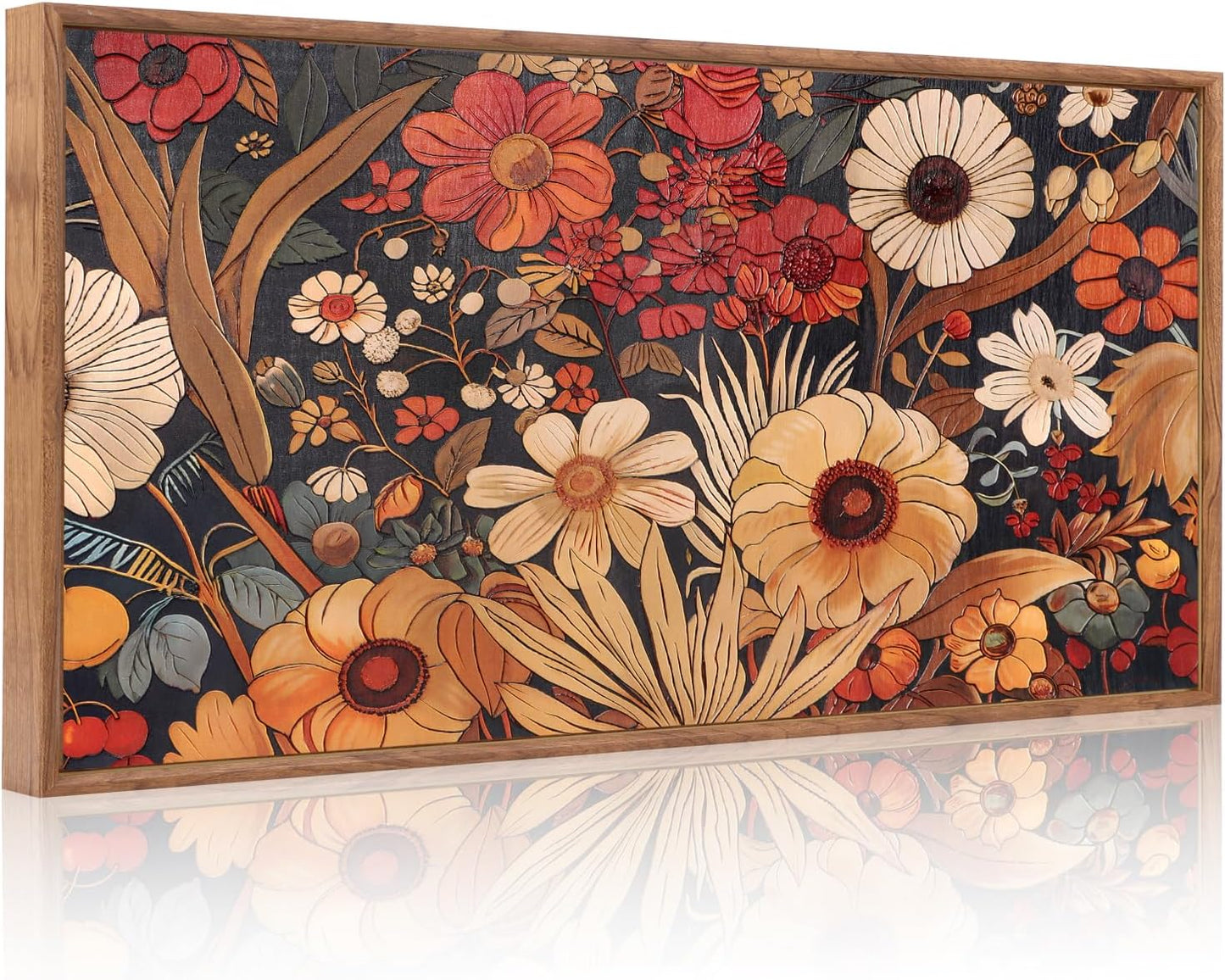 Aurlan Boho Burnt Orange Terracotta Wildflowers Framed Wall Art(40"x20"), Abstract Floral 3D Textured Canvas Artwork, Large Modern Vintage Botanical Nature Art Wall Decor for Home Office Living Room Bedroom