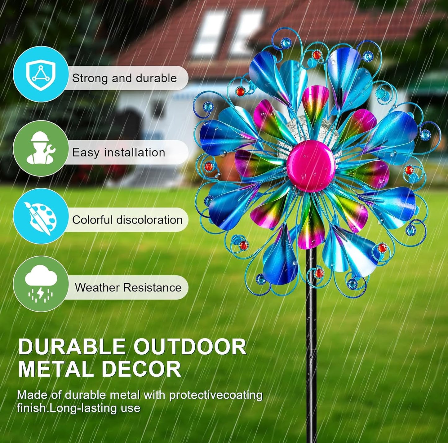 60'' Wind Spinner with Color Glass Ball Solar Lights, Blue Peacock Feathers Metal Garden Outdoor Decor Yard Lawn Art Decor for Patio Kinetic Windmills Unique Gifts for Friends and Family