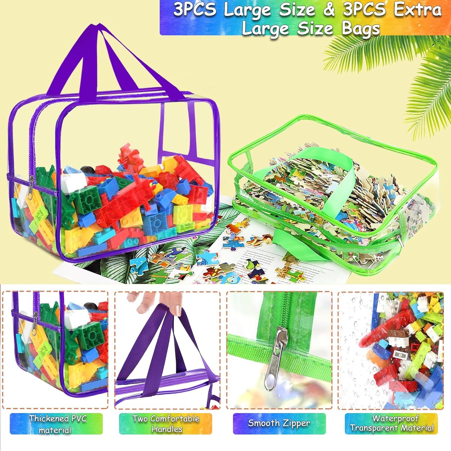 6 Colors Large Toy Storage Bags with Labels, Reusable Clear PVC Board Game Storage, Travel Waterproof Organizer Bags with Zipper for Building Blocks, Puzzle, Kids Books(3 large & 3 Widen X-Large)