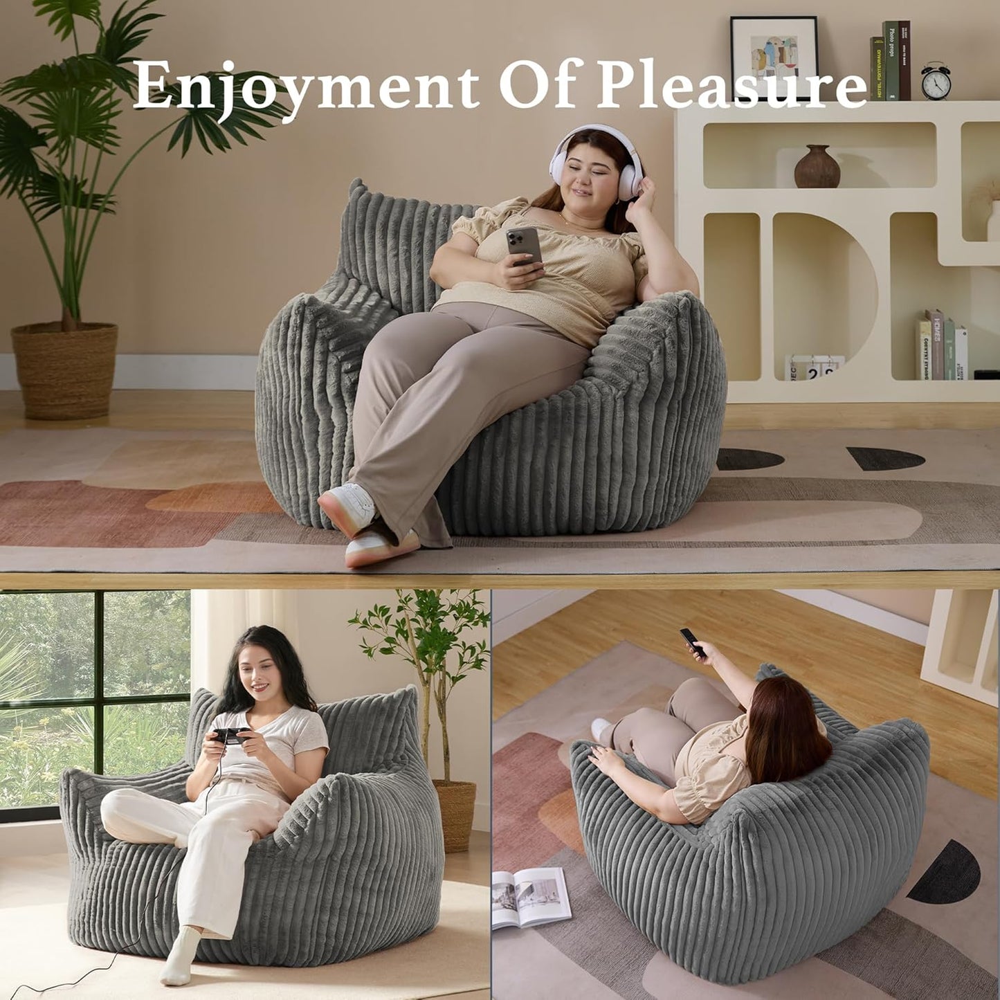 Giant Plush Bean Bag Chair for Adults with Armrests - Oversized Comfy Light Grey Beanbag Lounge Lazy Floor Sofa Accent Chair for Living Room, Bedroom & Dorm, Cozy Fluffy Single Cloud Mini Couch