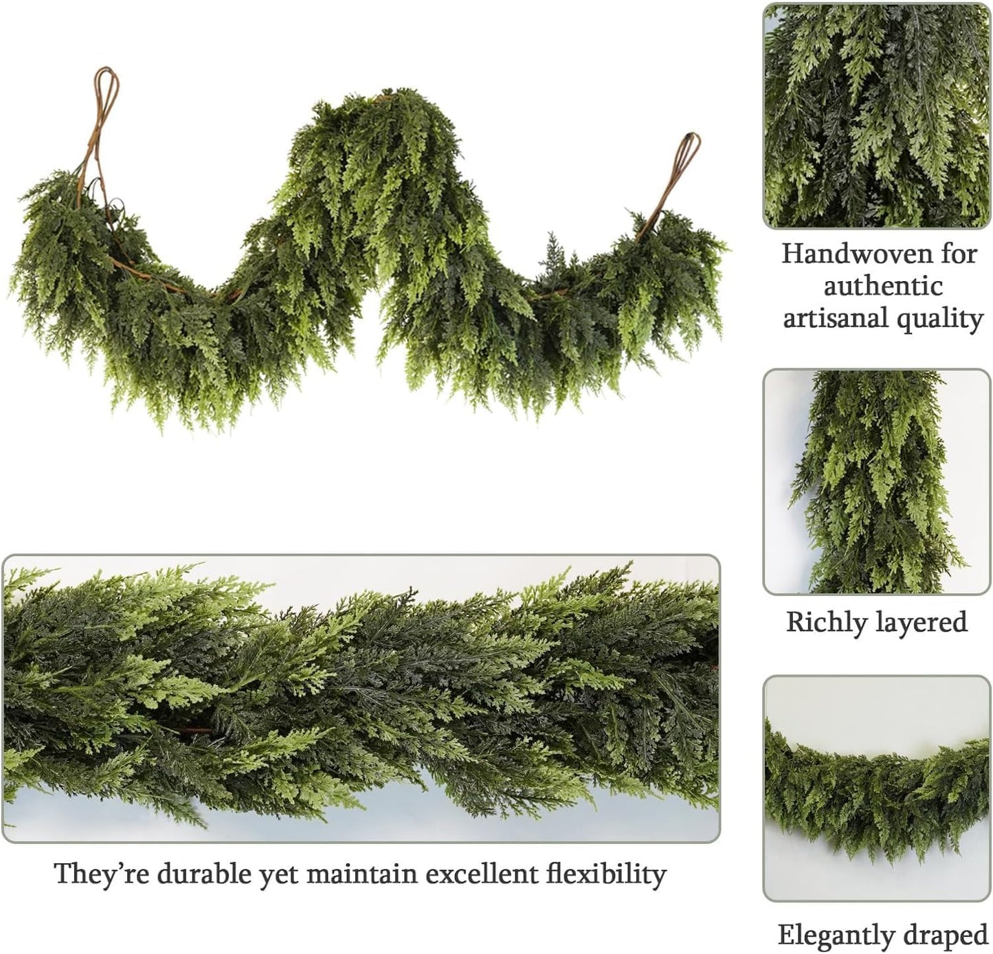 6 Ft Artificial Cedar Garlands – Real Touch Winter Greenery, Realistic Artificial Cedar Tree Christmas Pine Garland Decorations for Table Mantle Wall Indoor Fireplace Holiday Party (5ft, 1)