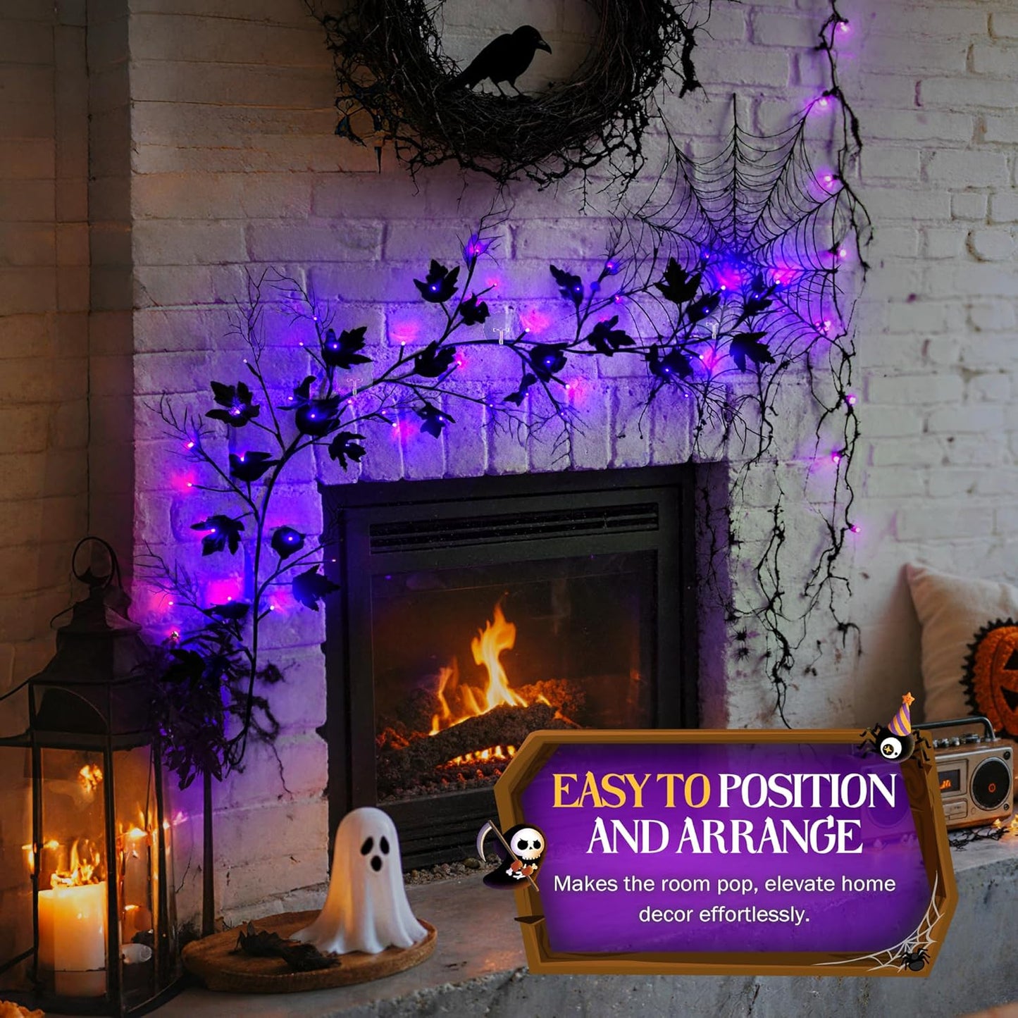 Halloween Lighted Willow Vine Twig Decoration, 6.56 FT Light up Garland Battery Operated with Purple LED Lights, 8 Modes and Timer, 12 Bat and Ghost Ornaments, 4 Adhesive Hooks